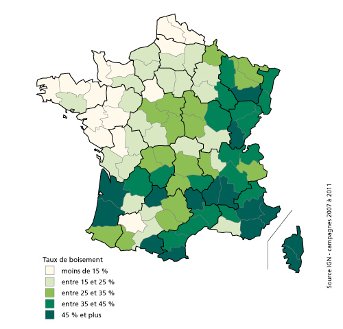 Carte du taux de boisement en France 