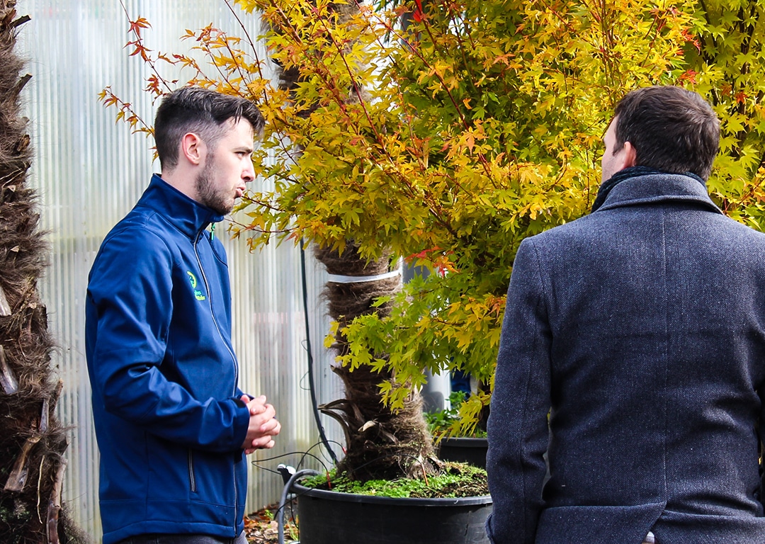 Deux hommes conversant près d&#039;un arbre automnal.